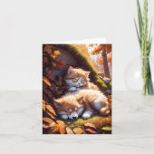 Carte Chatte-Chien Couché Feuilles d'automne Blanc Salut (Devant)