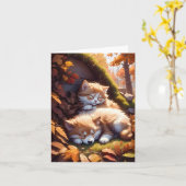 Carte Chatte-Chien Couché Feuilles d'automne Blanc Salut (Fleur jaune)