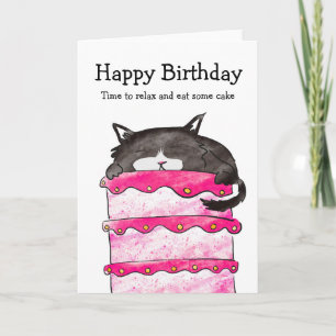 Carte Chatte endormie avec gâteau d'anniversaire