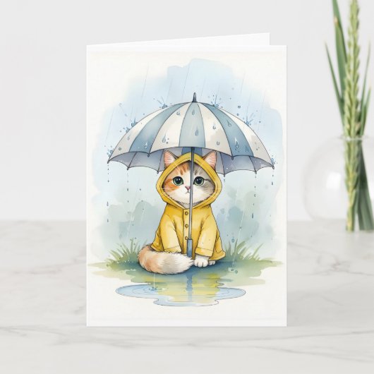Carte Chatte Mignonne sous Imperméable avec Aquarelle de (Devant)
