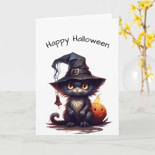 Carte Chatte noire mignonne sorcière Halloween (Fleur jaune)
