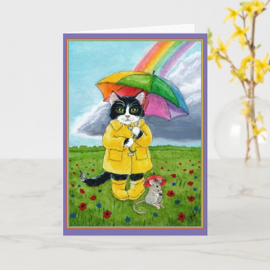 Carte Chatte tuxedo, souris, arc-en-ciel, parapluie anni (Fleur jaune)