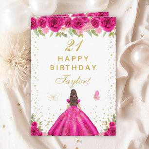 Carte Chaud rose Floral Brunette Hair Girl Joyeux annive