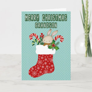 Carte Chaussette de Noël pour petit-fils avec lapin