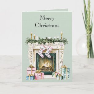 Carte Chaussettes de cheminée de Noël vert bleu rose