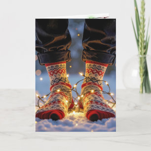 Carte Chaussettes de Noël et lumières de fête dans la ne