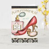 Carte Chaussure rouge, Bouteille de parfum et Poudre rou (Fleur jaune)