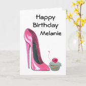 Carte Chaussure Stiletto Rose et Cupcake (Fleur jaune)