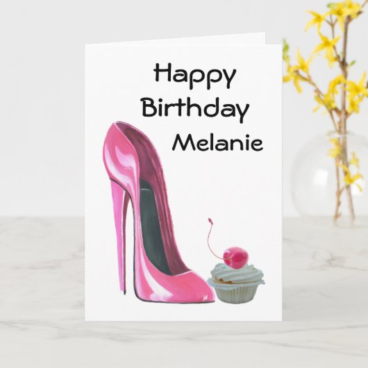 Carte Chaussure Stiletto Rose et Cupcake (Fleur jaune)