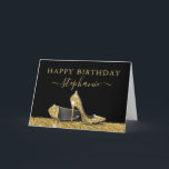 Carte Chaussures à talon élevé Black Gold Joyeux anniver<br><div class="desc">Elégant et chic moderne or et noir Joyeux anniversaire Carte d'anniversaire personnalisée avec Faux Parties scintillant Silver High Heel Stiletto Chaussures et nom personnalisé script de calligraphie cursive. Ajoutez votre propre texte à l'intérieur de la carte ou utilisez comme panneaux de tableau pour votre fête.</div>