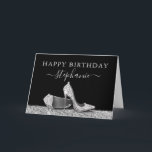 Carte Chaussures à talon élevé Noir Argent Joyeux Annive<br><div class="desc">Elégant et chic moderne Silver et Black Happy Birthday Carte d'anniversaire personnalisée avec Faux Parties scintillant Silver High Heel Stiletto Chaussures et nom personnalisé script de calligraphie cursive en noir et blanc. Ajoutez votre propre texte à l'intérieur de la carte ou utilisez comme panneaux de tableau pour votre fête.</div>