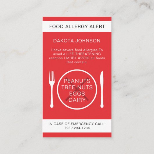 Carte Chef Alerte aux allergies alimentaires (Devant)