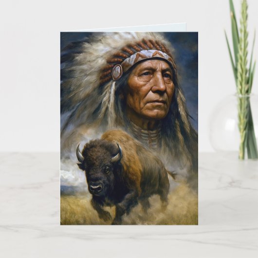 Carte Chef amérindien d'anniversaire avec un buffle (Devant)