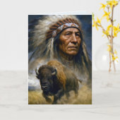 Carte Chef amérindien d'anniversaire avec un buffle (Fleur jaune)