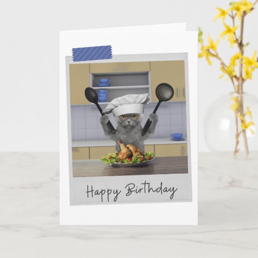 Carte Chef Grey Cat Funny Birthday Card (Fleur jaune)