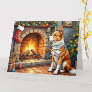 Carte Cheminée Australian Kelpie avec lumières de Noël