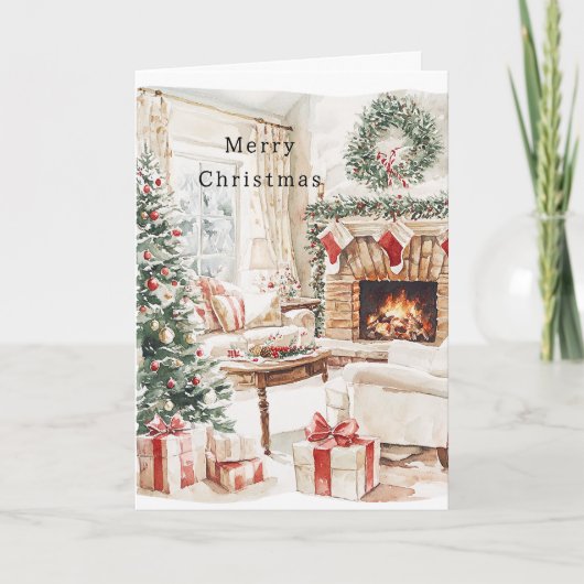 Carte Cheminée d'arbre de Noël chaleureuse (Devant)