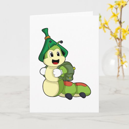 Carte Chenille étudiant avec cartable (Fleur jaune)