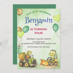 Carte Cher dinosaure de construction ballon de camion de