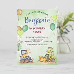 Carte Cher dinosaure de construction ballon de camion de