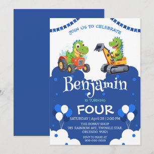 Carte Cher Dinosaure tracteur creuser ballon camion Anni