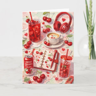 Carte Cherry Aesthetic Rose & Rouge Mignon Cerises Café