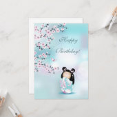 Carte Cherry Blossom Kokeshi Doll Anniversaire (Devant/Arrière en situation)