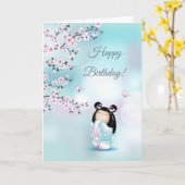 Carte Cherry Blossom Kokeshi Poupée Anniversaire rose (Fleur jaune)