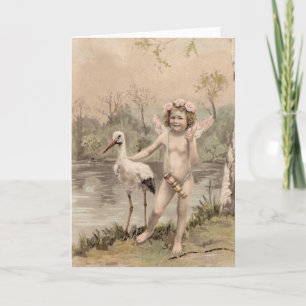 Carte Cherub vintage avec cigogne près du lac