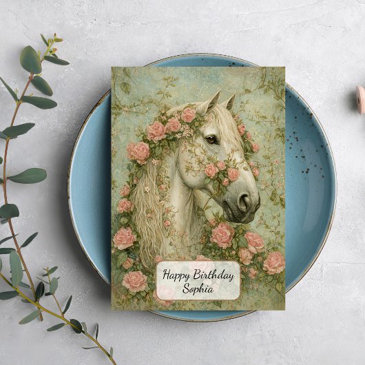 Carte Cheval blanc avec des roses