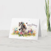 Carte Cheval blanc avec fleurs et papillons Anniversaire (Devant)