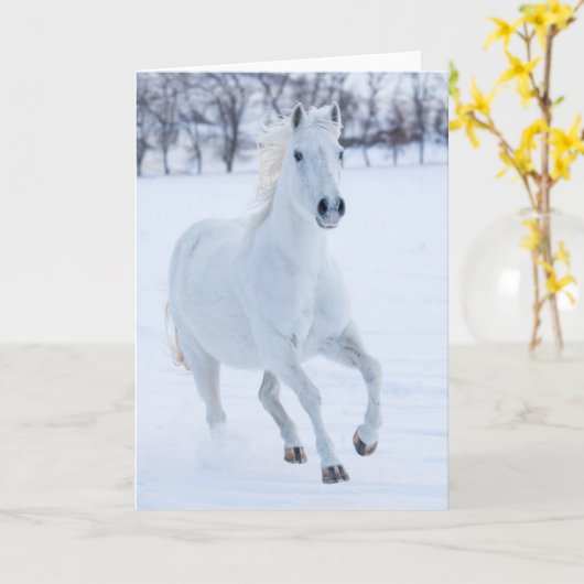 Carte Cheval blanc courant dans la neige (Fleur jaune)