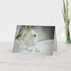 Carte Cheval Blanc & Oiseau dans une chute de neige hive