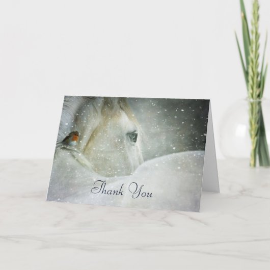Carte Cheval Blanc & Oiseau dans une chute de neige hive (Devant)
