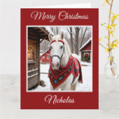 Carte Cheval blanc sur une ferme rustique à Noël (Fleur jaune)