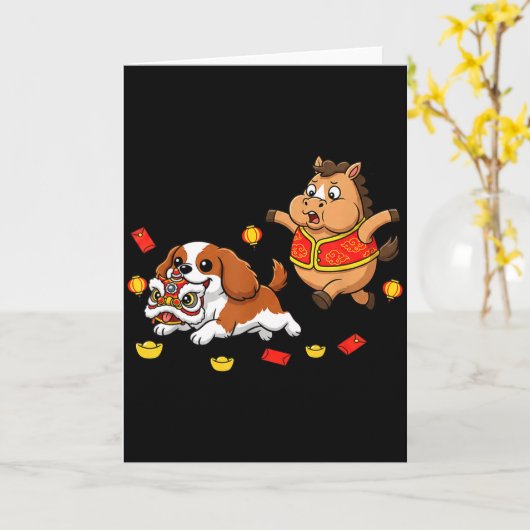 Carte Cheval Chinois Cavalier King Charles Spaniel Heure (Fleur jaune)