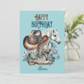 Carte Cheval de fille cheval floral western bleu Anniver (Debout devant)