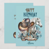 Carte Cheval de fille cheval floral western bleu Anniver (Devant / Derrière)