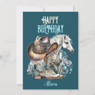 Carte Cheval de fille cheval floral western bleu Anniver