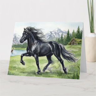 Carte Cheval islandais noir Freydis dans un paysage nord