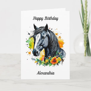 Carte Cheval noir entouré de fleurs jaunes Anniversaire
