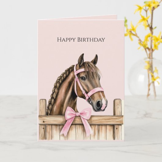 Carte Cheval Ruban Rose Clôture Anniversaire (Fleur jaune)