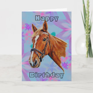 Carte Cheval tête sur fleurs Joyeux anniversaire.