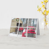 Carte chevaux et camion rouge rétro dans fenêtre rustiqu (Fleur jaune)