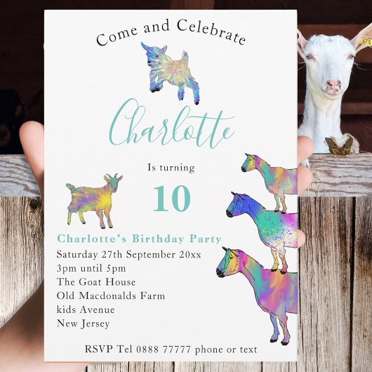 Carte Chèvres colorées Cute Animaux 10e anniversaire