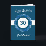 Carte Chevron Blue 30e anniversaire<br><div class="desc">Une carte bleue personnalisée de 30ème anniversaire, que vous pouvez facilement personnaliser avec l'âge dont vous avez besoin avec son nom sur le devant de la carte. Vous pouvez facilement personnaliser le message de la carte intérieure si vous le souhaitez. Cette carte d'anniversaire personnalisée de 30 ans pour lui ferait...</div>