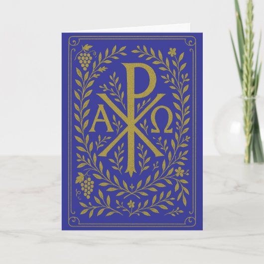 Carte Chi Rho Alpha Oméga Symbole Doré sur Fond Bleu (Devant)