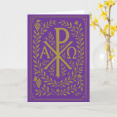 Carte Chi Rho Alpha Omega Symbole Doré sur Violet (Fleur jaune)