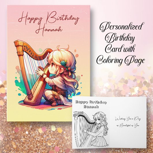 Carte Chibi Fille Jouer De La Harpe Anniversaire Personn