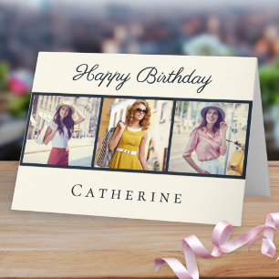 Carte Chic 3 Photo Collage Élégant Anniversaire Script